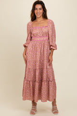 Mauve Satin Floral Pleated Tiered Maxi Dress