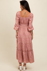 Mauve Satin Floral Pleated Tiered Maxi Dress