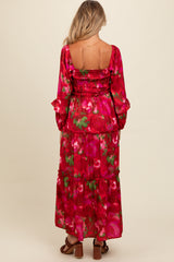 Red Satin Floral Smocked Ruffle Tier Maternity Maxi Dress