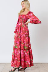 Red Satin Floral Smocked Ruffle Tier Maxi Dress