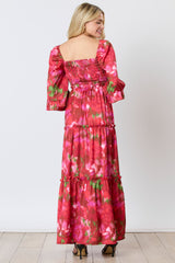 Red Satin Floral Smocked Ruffle Tier Maxi Dress