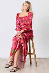 Red Satin Floral Smocked Ruffle Tier Maxi Dress