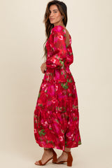 Red Satin Floral Smocked Ruffle Tier Maxi Dress