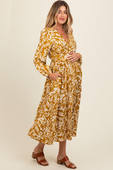 Gold Abstract Floral Gathered Front Maternity Midi Dress