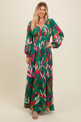 Forest Green Leaf Print Deep V-Neck Maxi Dress