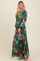 Forest Green Leaf Print Deep V-Neck Maxi Dress