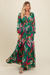 Forest Green Leaf Print Deep V-Neck Maxi Dress