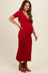 Red Knit Twisted V-Neck Maternity Maxi Dress