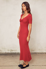 Red Knit Twisted V-Neck Maxi Dress