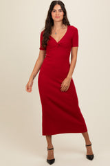 Red Knit Twisted V-Neck Maxi Dress