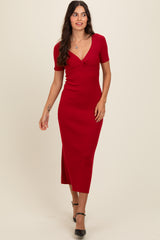 Red Knit Twisted V-Neck Maxi Dress