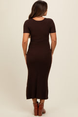 Brown Knit Twisted V-Neck Maternity Maxi Dress