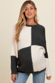 Charcoal Colorblock Checker Print Fuzzy Knit Maternity Sweater