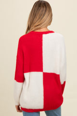 Red Colorblock Checker Print Fuzzy Knit Maternity Sweater