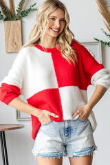 Red Colorblock Checker Print Fuzzy Knit Sweater