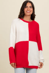 Red Colorblock Checker Print Fuzzy Knit Sweater