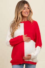 Red Colorblock Checker Print Fuzzy Knit Maternity Sweater