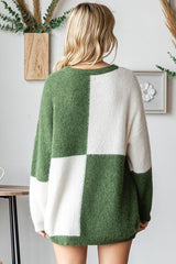 Olive Colorblock Checker Print Fuzzy Knit Sweater