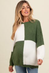 Olive Colorblock Checker Print Fuzzy Knit Maternity Sweater