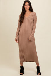 Mocha Ribbed Collared Midi Sweater Dress