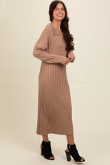 Mocha Ribbed Collared Midi Sweater Dress