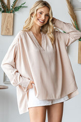 Beige V-Neck Oversized Blouse