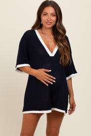 Navy Knit Contrast Trim Deep V-Neck Maternity Romper