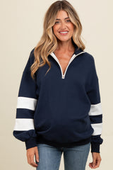 Navy Half Zip Stripe Sleeve Maternity Pullover