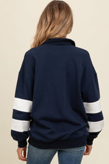 Navy Half Zip Stripe Sleeve Maternity Pullover