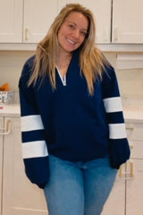 Navy Half Zip Stripe Sleeve Maternity Pullover