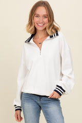 White Contrast Stripe Half Zip Pullover