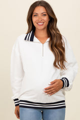 White Contrast Stripe Maternity Half Zip Pullover