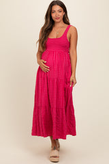 Coral Plaid Tiered Maternity Maxi Dress