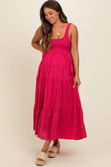 Coral Plaid Tiered Maternity Maxi Dress