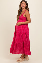 Coral Plaid Tiered Maternity Maxi Dress