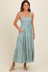 Light Blue Plaid Tiered Maternity Maxi Dress