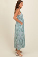 Light Blue Plaid Tiered Maxi Dress