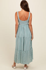 Light Blue Plaid Tiered Maxi Dress