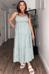 Light Blue Plaid Tiered Maternity Maxi Dress