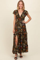 Black Floral Deep V-Neck Tiered Maternity Maxi Dress