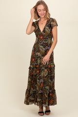 Black Floral Deep V-Neck Tiered Maxi Dress