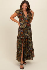 Black Floral Deep V-Neck Tiered Maternity Maxi Dress