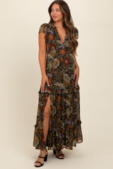 Black Floral Deep V-Neck Tiered Maternity Maxi Dress