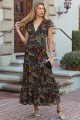 Black Floral Deep V-Neck Tiered Maternity Maxi Dress