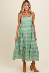 Light Olive Gingham Shoulder Tie Maternity Dress