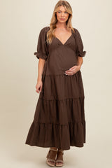 Brown Deep V-Neck Tiered Maternity Maxi Dress