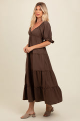 Brown Deep V-Neck Tiered Maternity Maxi Dress