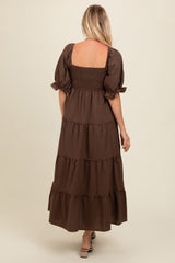 Brown Deep V-Neck Tiered Maxi Dress