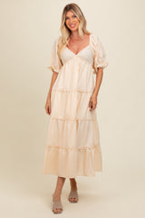 Cream Deep V-Neck Tiered Maxi Dress