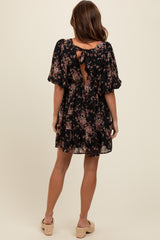 Black Deep V-Neck Tie Back Floral Mini Dress